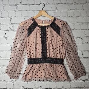 Orchid Haze Blush Pink Black‎ Polka Dot Lace Accent Peplum Blouse Size Medium